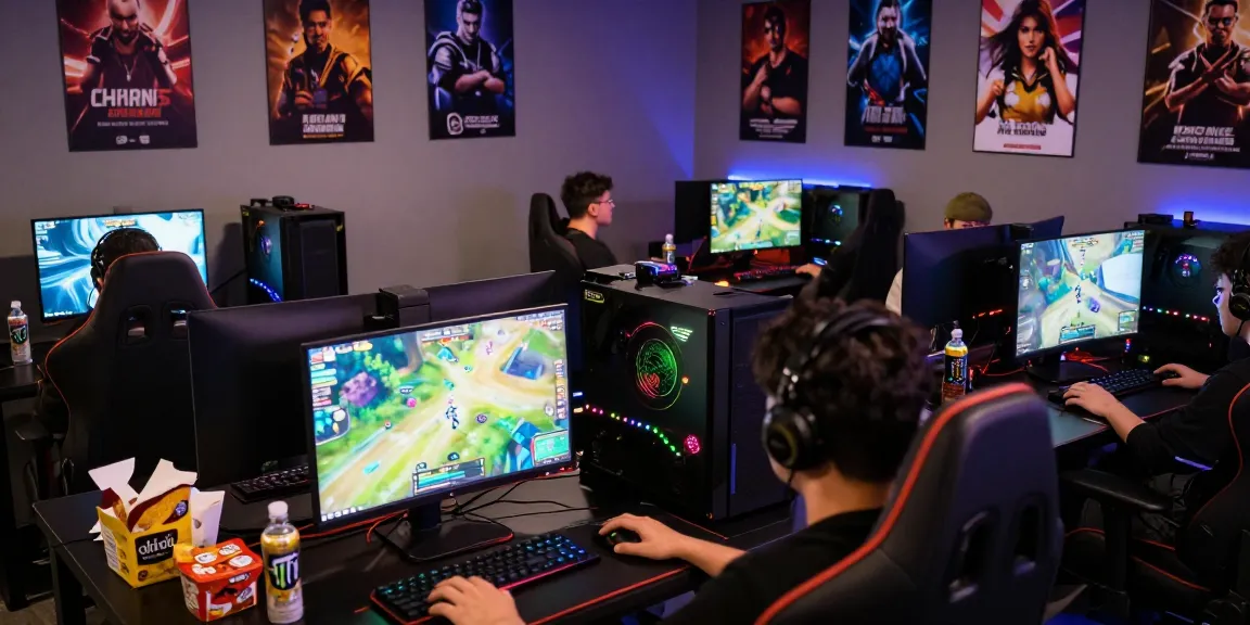 Players enjoying porn games online in a lively gaming setup with colorful LED lights and vibrant graphics