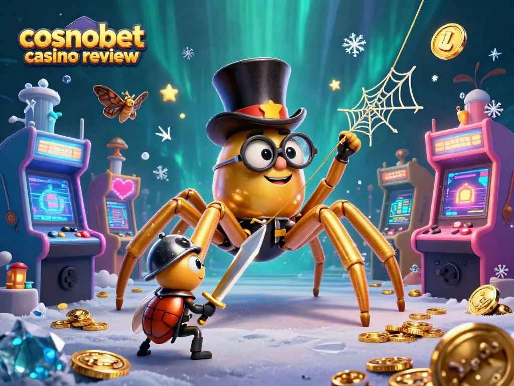 Play slots and games at Cosmobet Casino Review, featuring vibrant 3D characters and gaming elements.