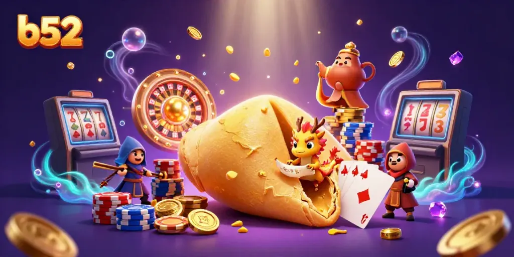 Experience the thrilling world of b52 gaming with vibrant characters and dazzling casino elements immersed in a magical setting.
