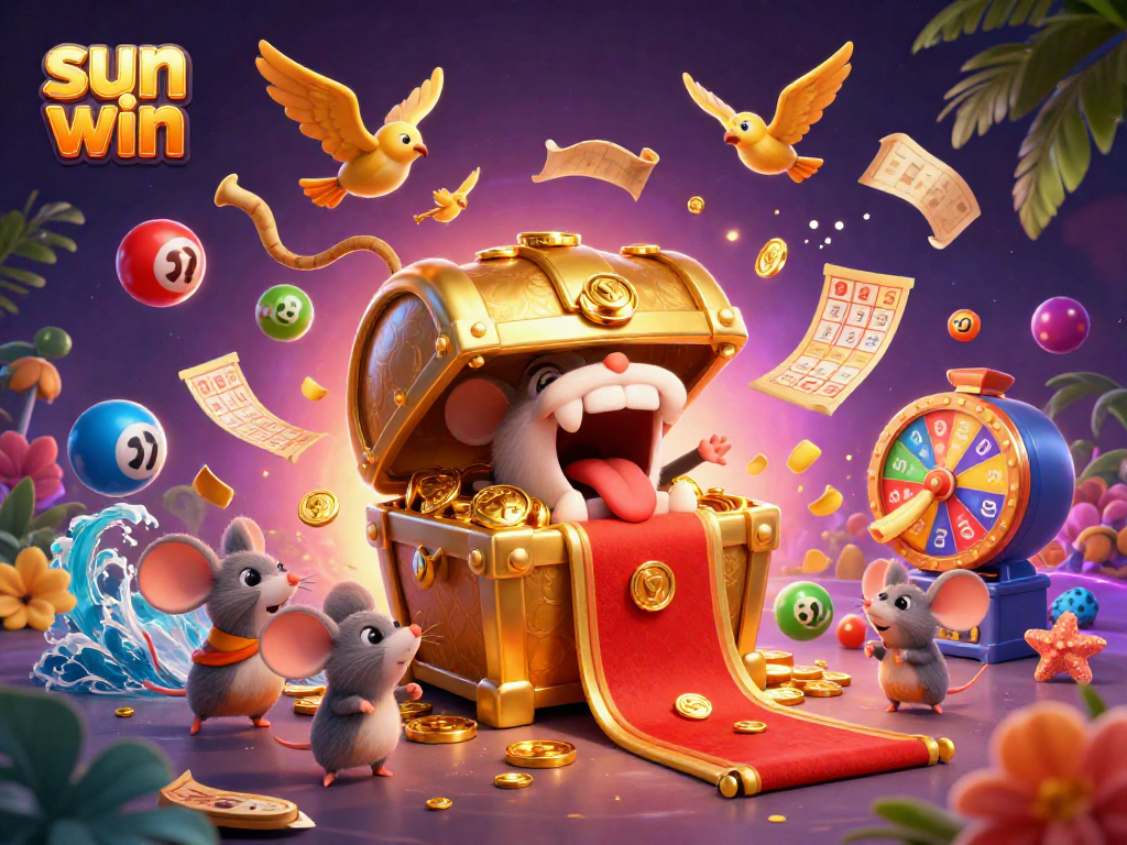 Play and win with sun win, featuring adventurer mice, treasures, and colorful lottery elements in a vibrant casino scene.