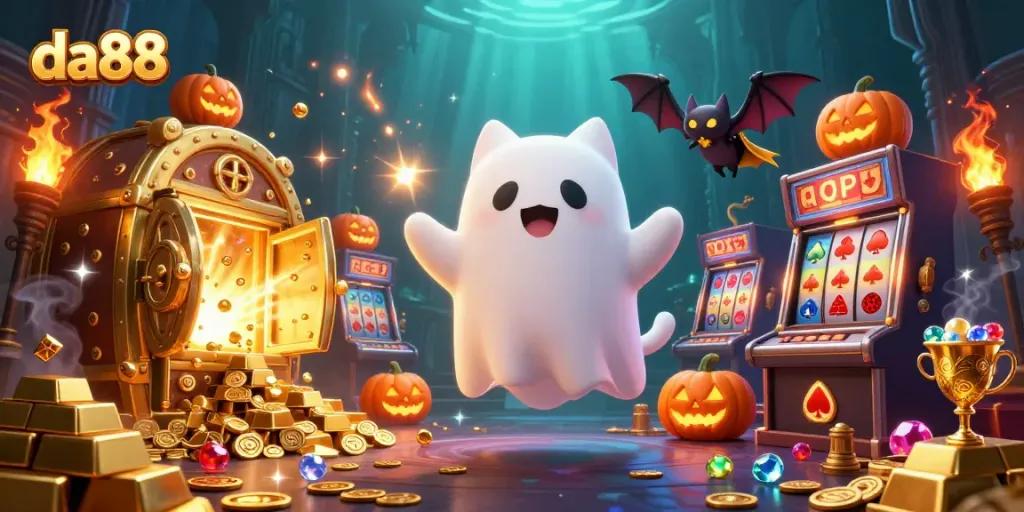 Engage in da88 gaming adventures with our ghost cat and vampire bat in a vibrant haunted casino scene.