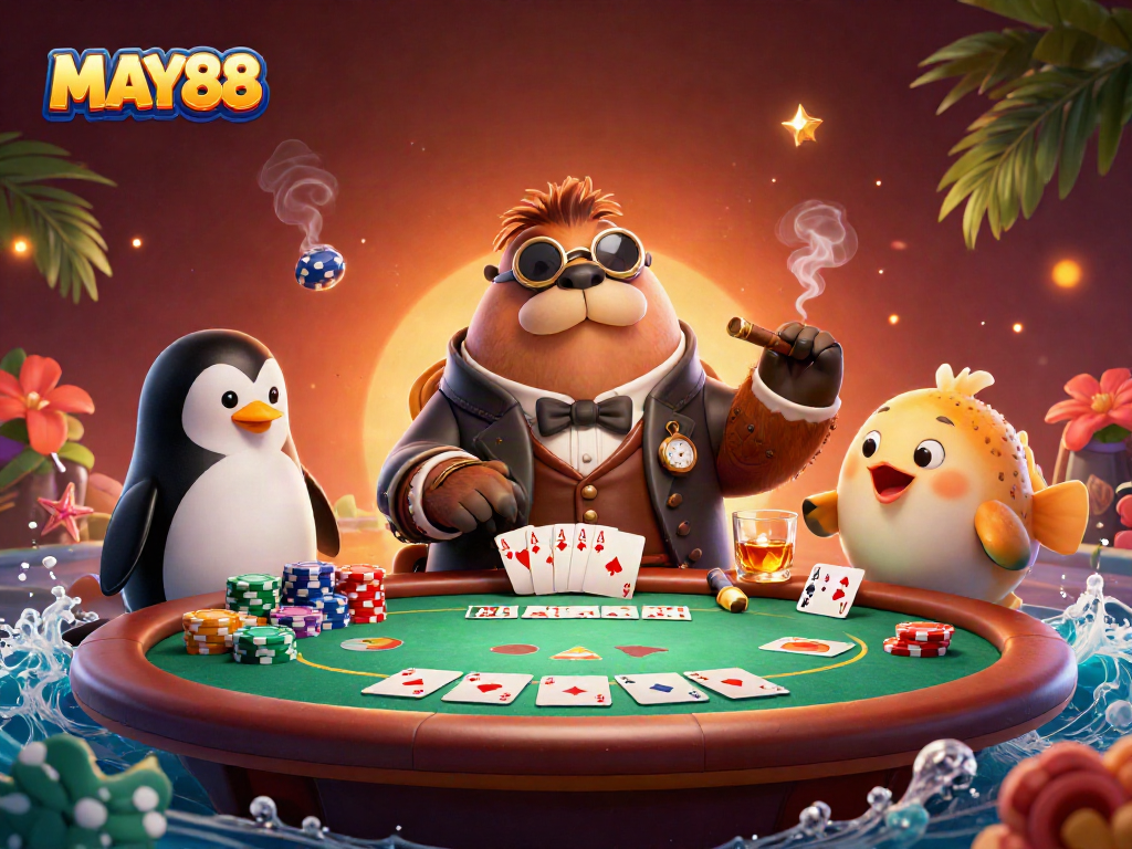 Engage with MAY88 in a vibrant underwater poker scene featuring a jolly walrus, penguin dealer, and bluffing pufferfish.