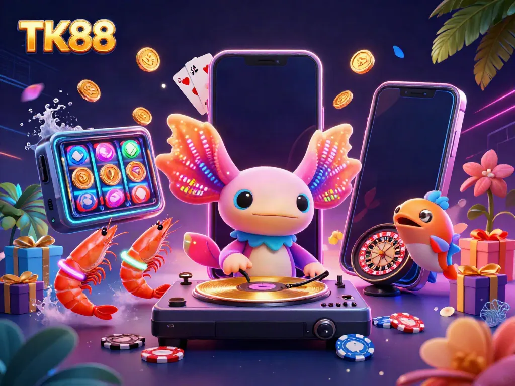 Experience exciting gaming action at TK88 with vibrant characters and dynamic casino elements.