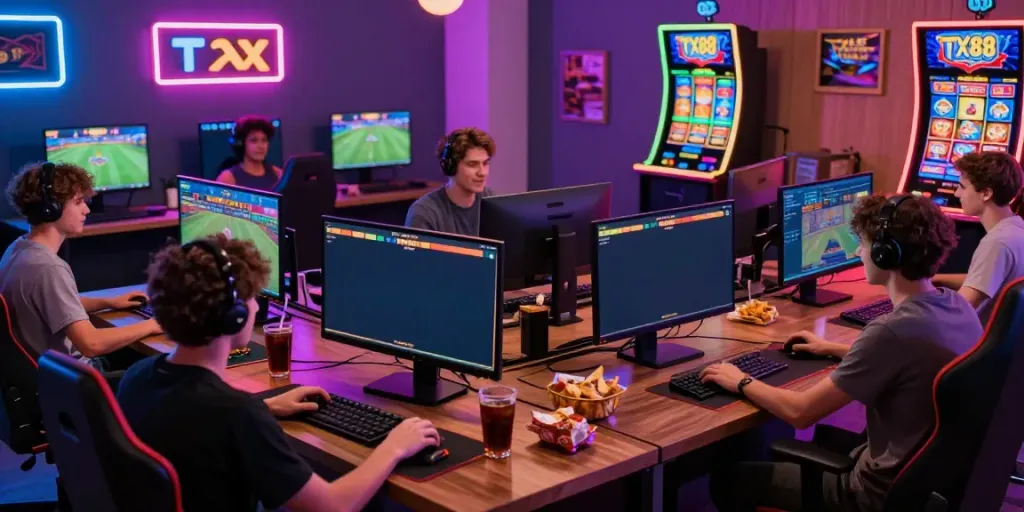Engaged players in an online gaming setup at nhà cái tx88, showcasing vibrant betting activities.