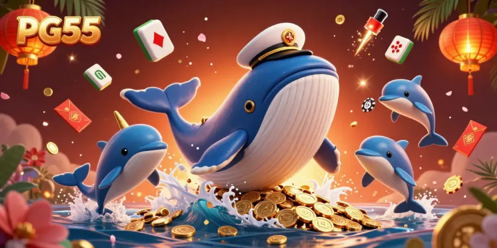 Experience exciting gaming at PG55 with a vibrant casino scene filled with playful characters and dynamic elements.