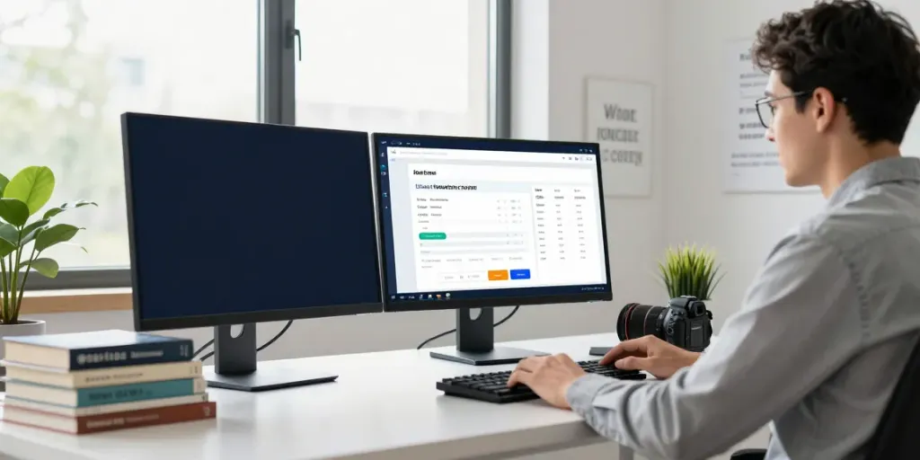Digital marketer optimizing content for instant indexing in a bright workspace.