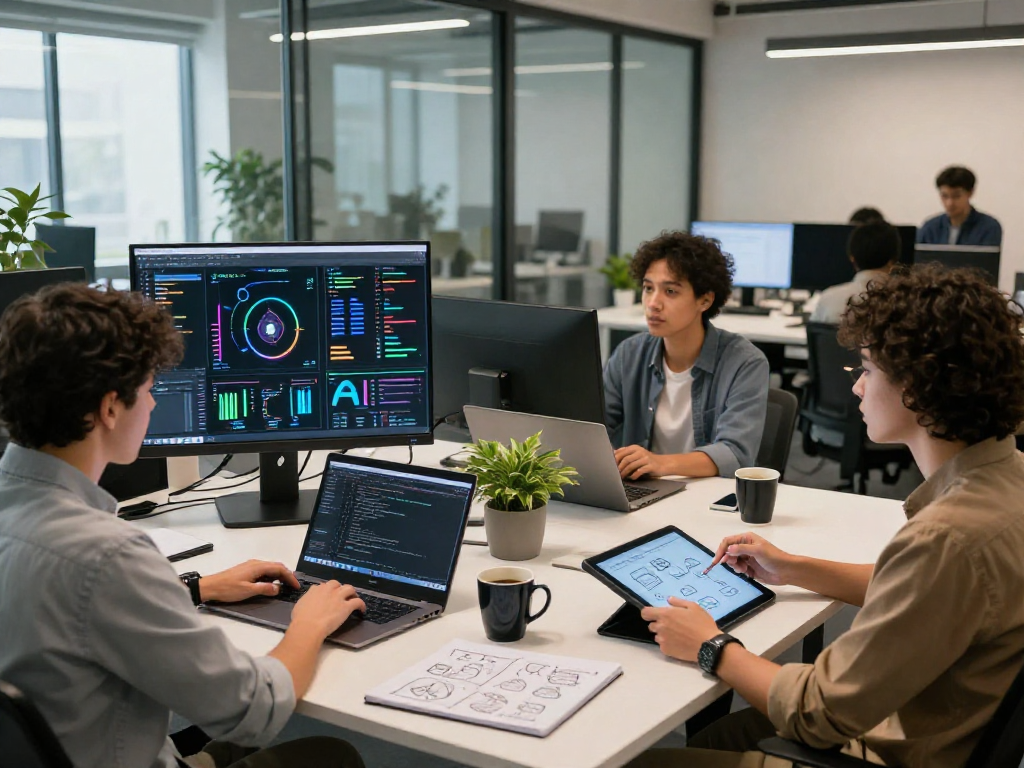 AI developers collaborating in a vibrant workspace, illustrating spicy ai innovations and teamwork.