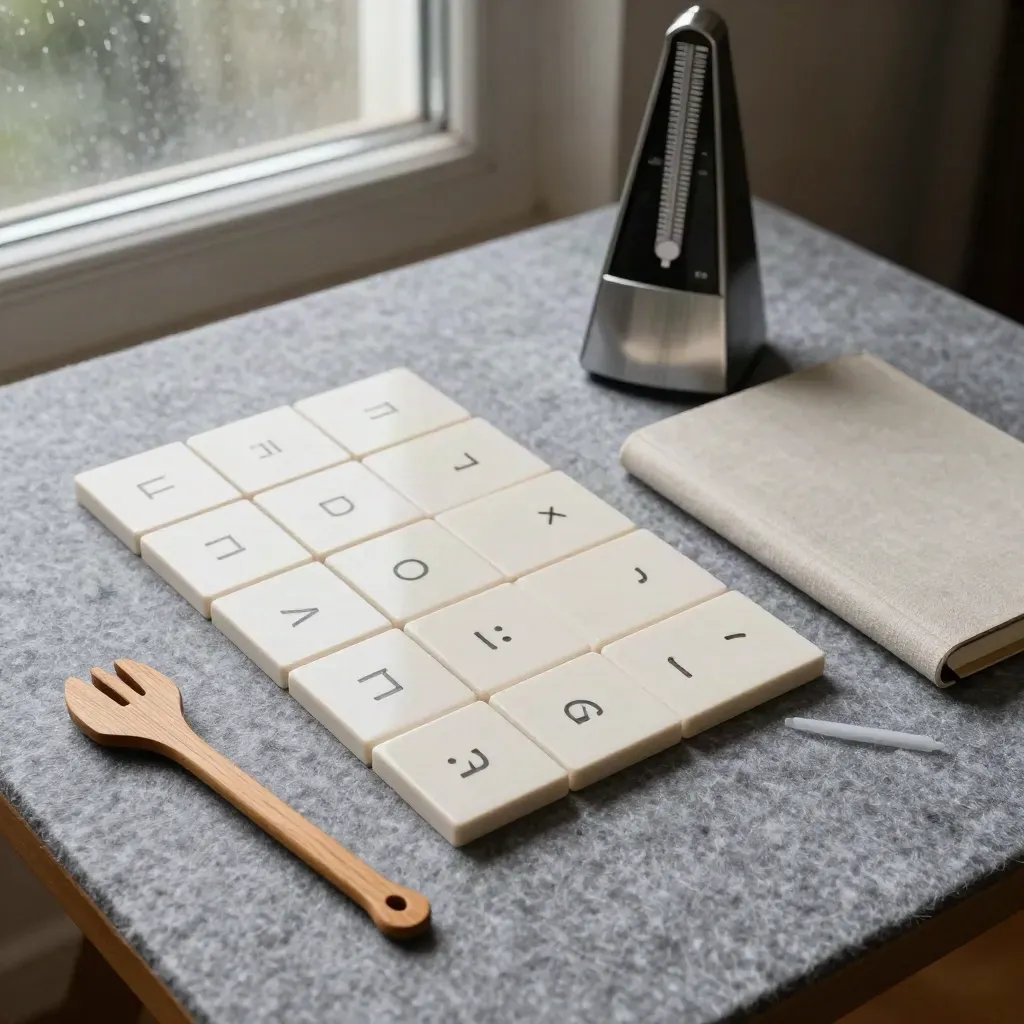 Keyboard corner with rhythm tiles, closed metronome and notebook beside a rain-blurred window.