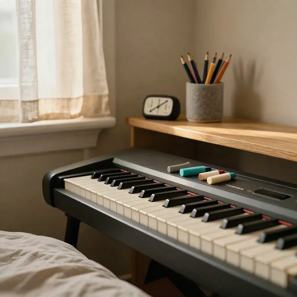 Child-size keyboard, dot markers, timer and felt pencil pot in a warm bedroom practice corner.