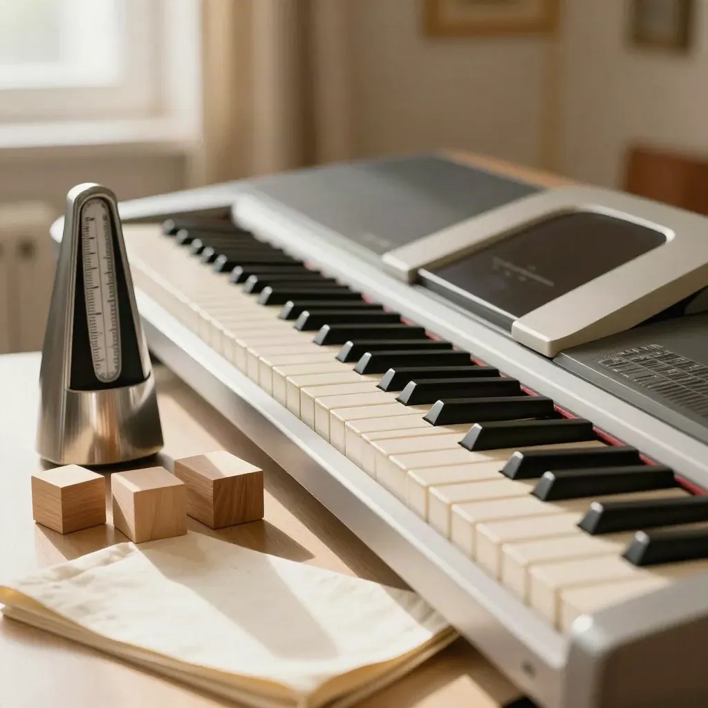 Beginner keyboard with metronome, note blocks and folded practice plan on pale maple.
