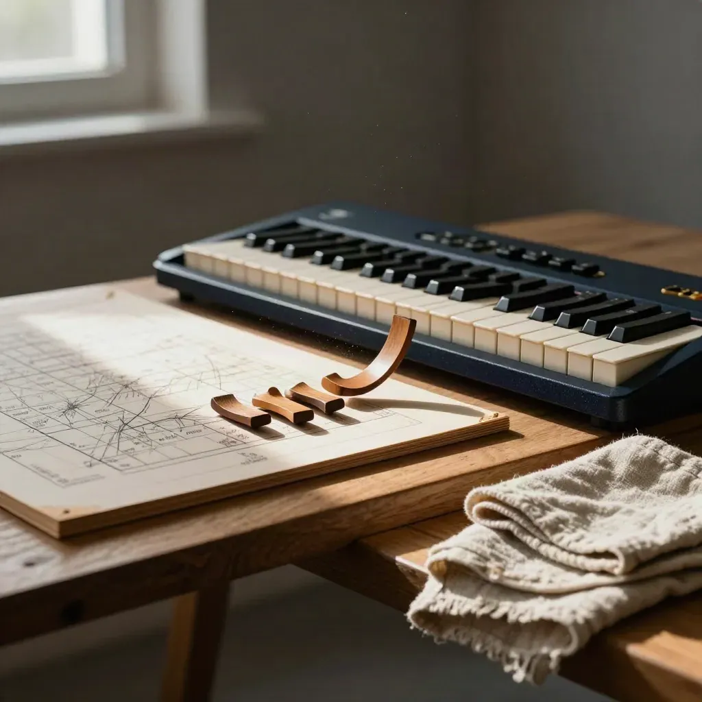 Low studio view of keyboard, wooden chord tokens and a face-down key map board on a bench.