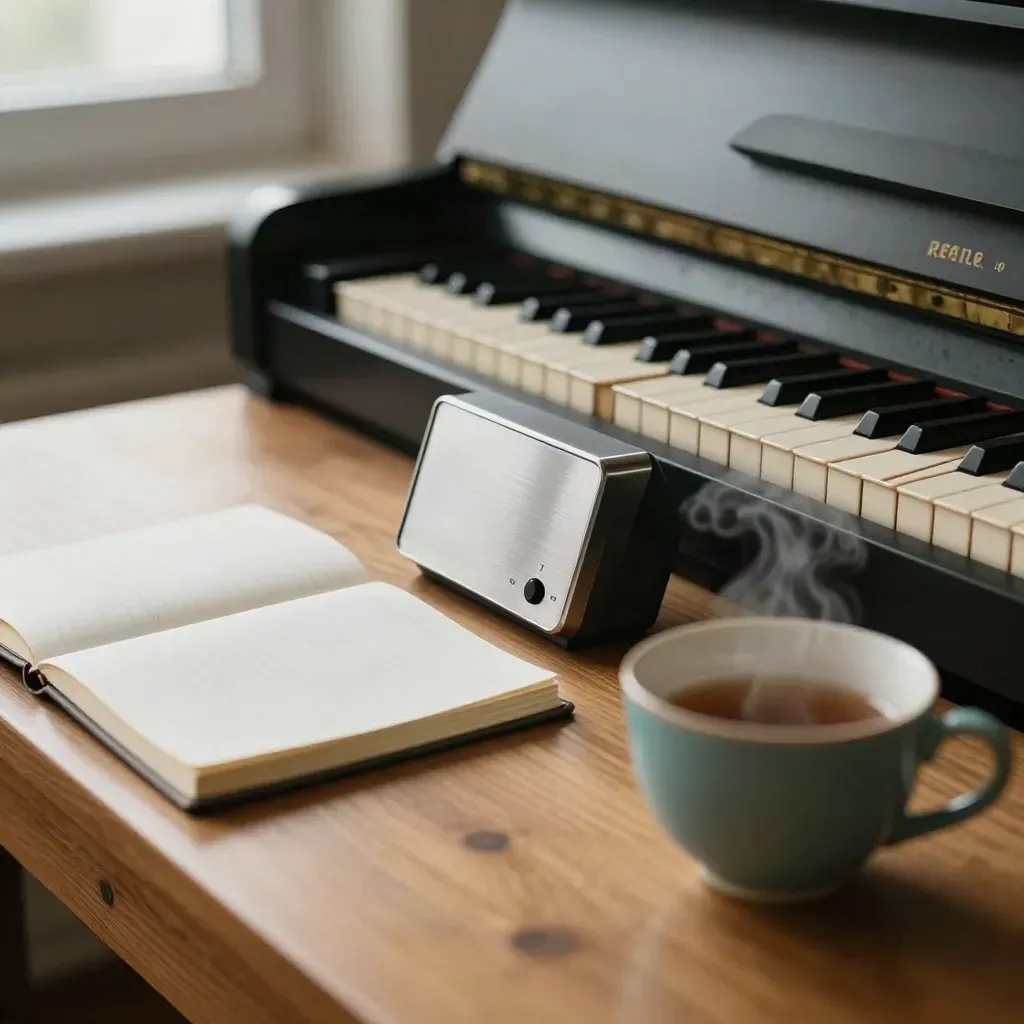 Tea steam drifts past a practice timer, closed notebook and keyboard edge on a wood table.