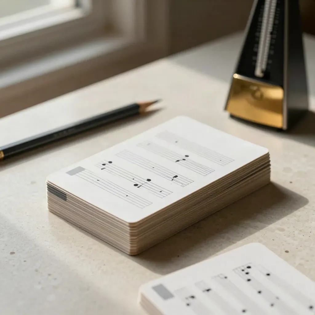 Sight-reading step cards, pencil, and slim metronome on a pale plaster table, overhead close-up.