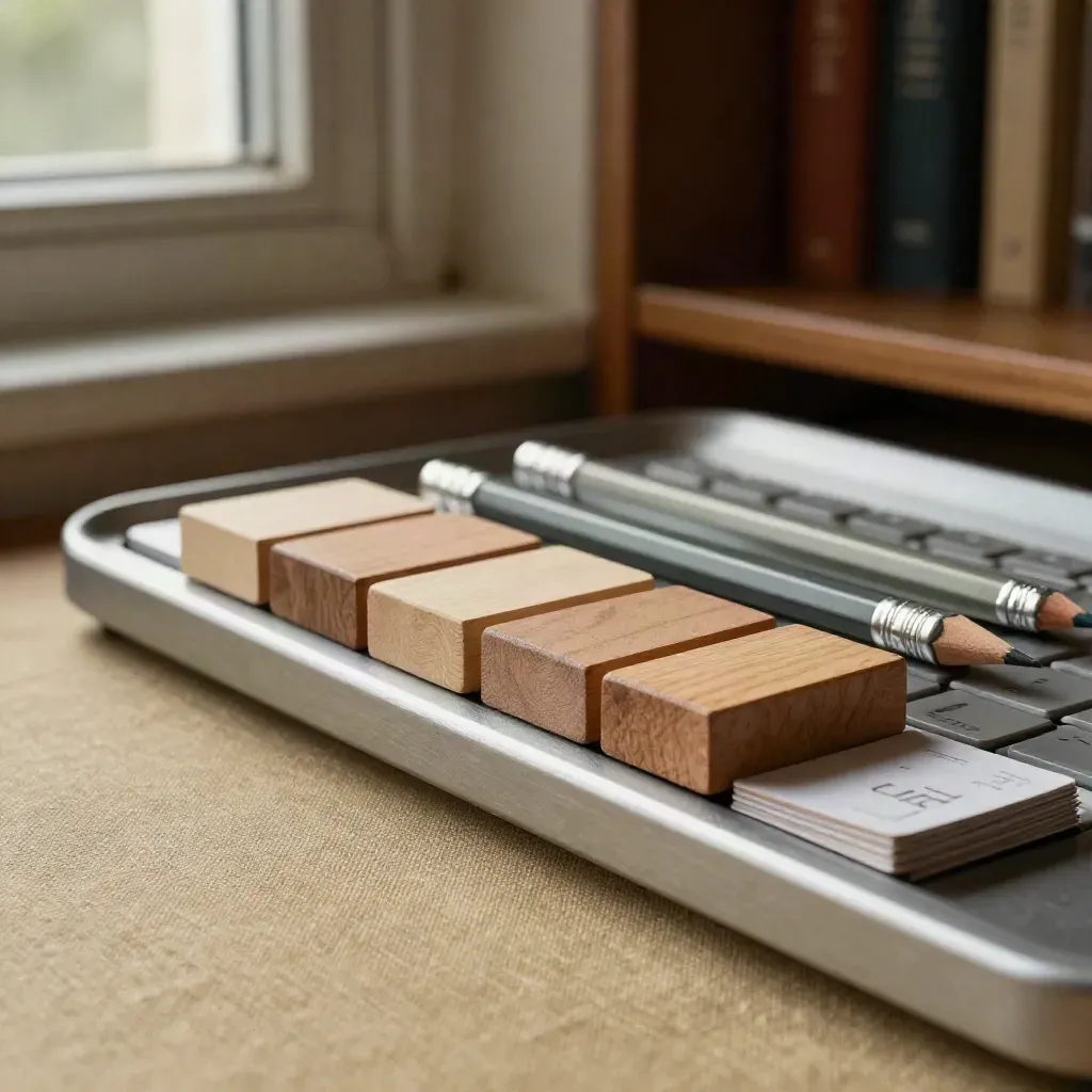 Compact keyboard, practice blocks, face-down cards and two pencils in a cozy study nook