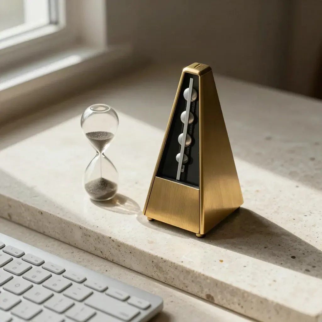 Metronome, timing stones, hourglass and keyboard corner on pale stone in warm light.
