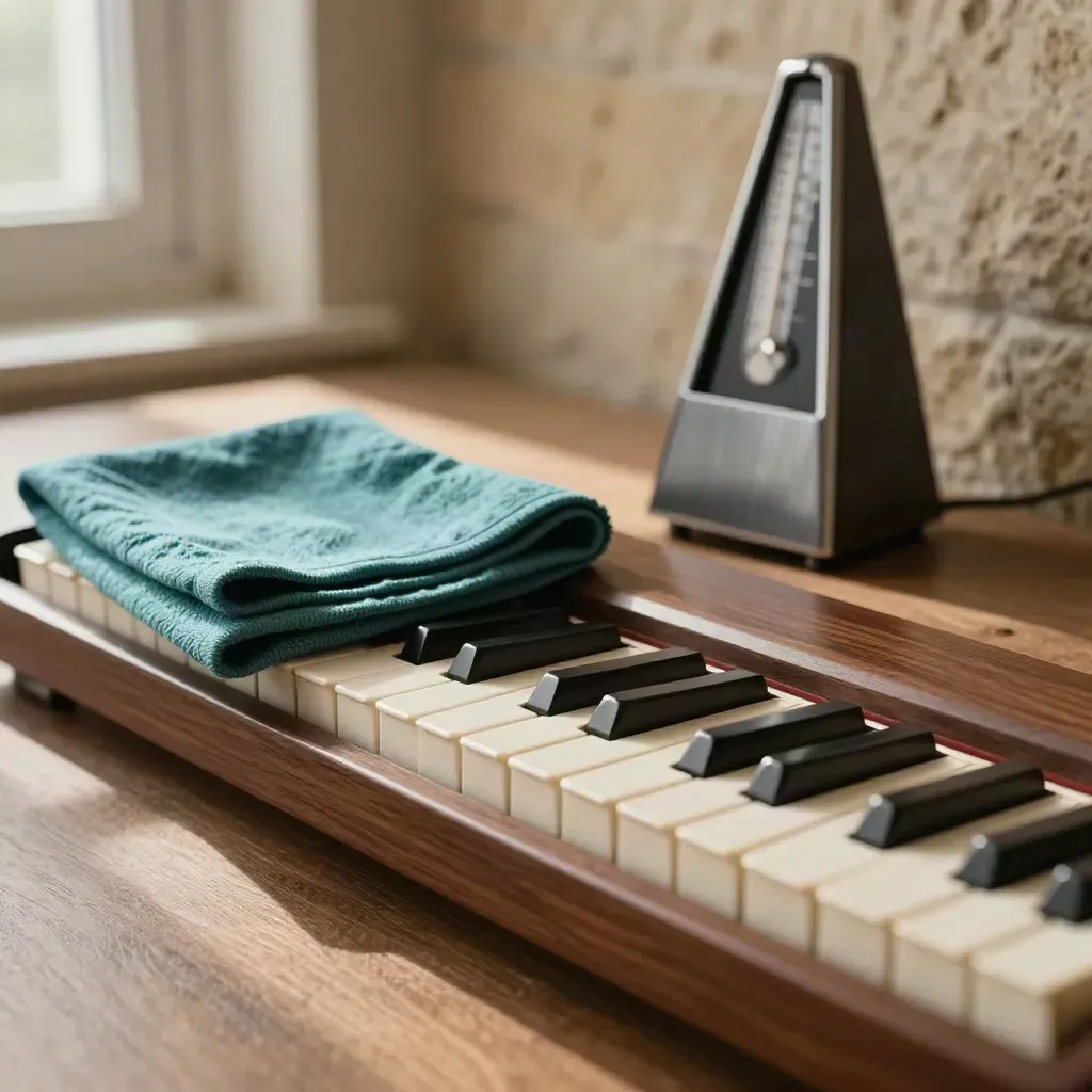 Low side view of a keyboard edge, teal wrist cloth and metronome by a warm stone wall