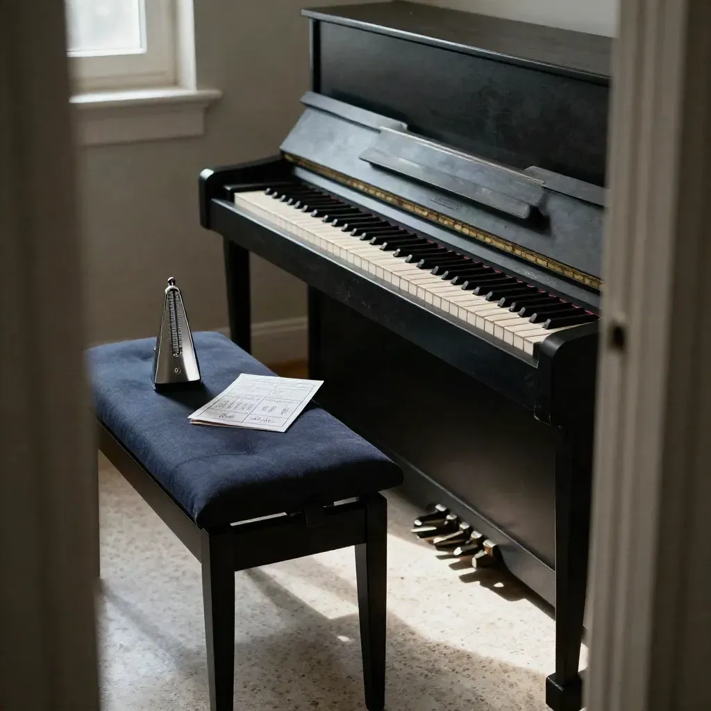 Digital piano with metronome and folded cushion in a moody practice room