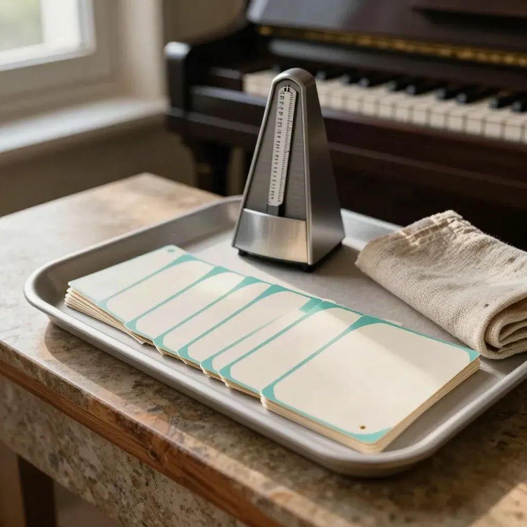 Warm-up cards, metronome and cloth-lined tray beside a piano corner in morning light.