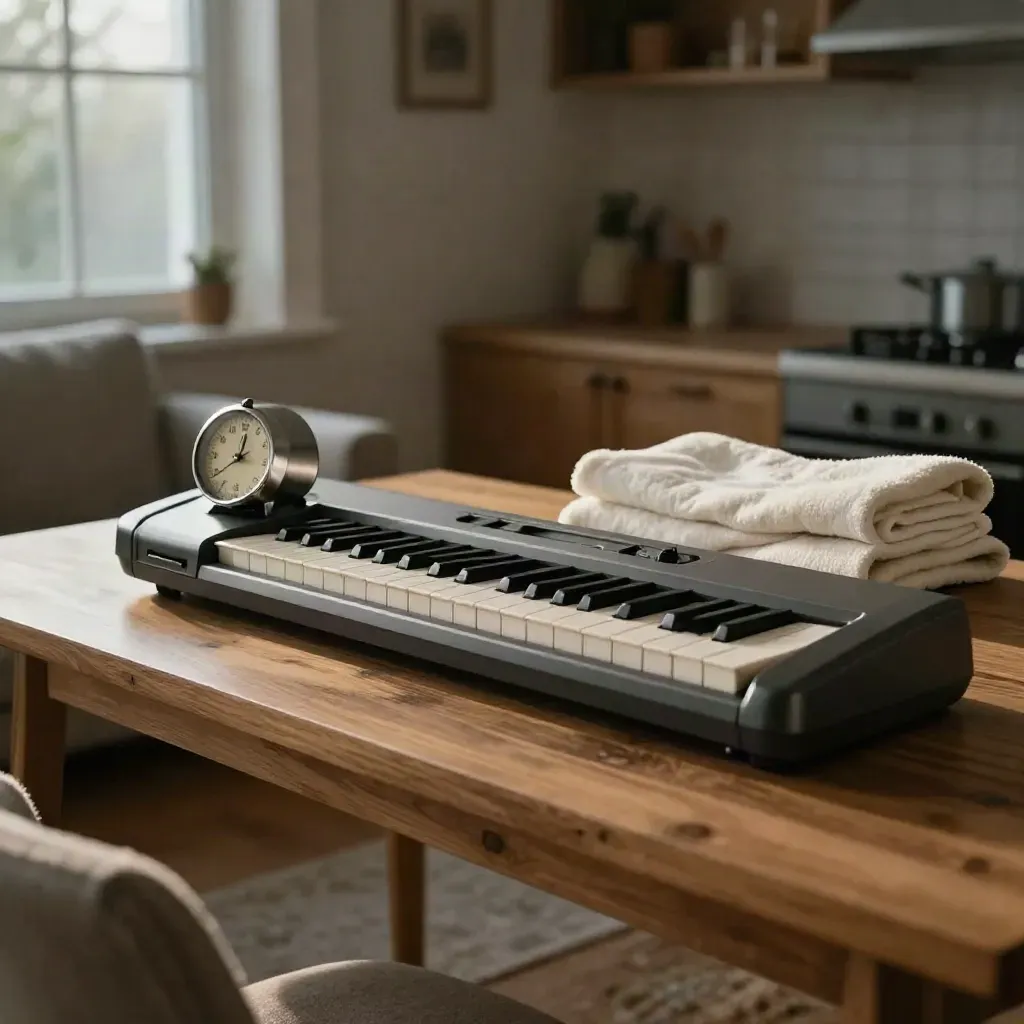 Child-size keyboard, kitchen timer, and folded blanket on a family room table at dusk