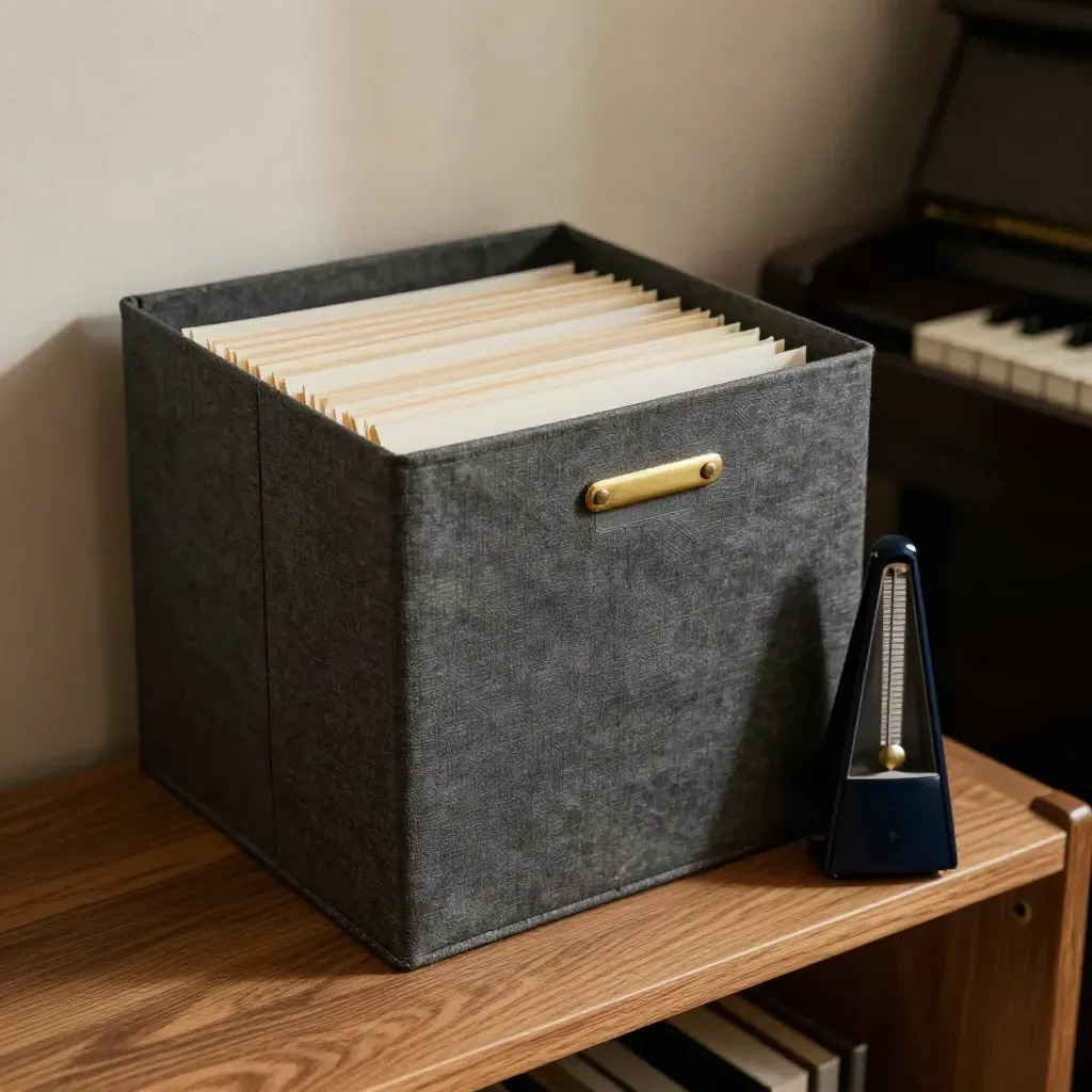 Open lesson archive box with folders, brass clip, and navy metronome on a shelf.