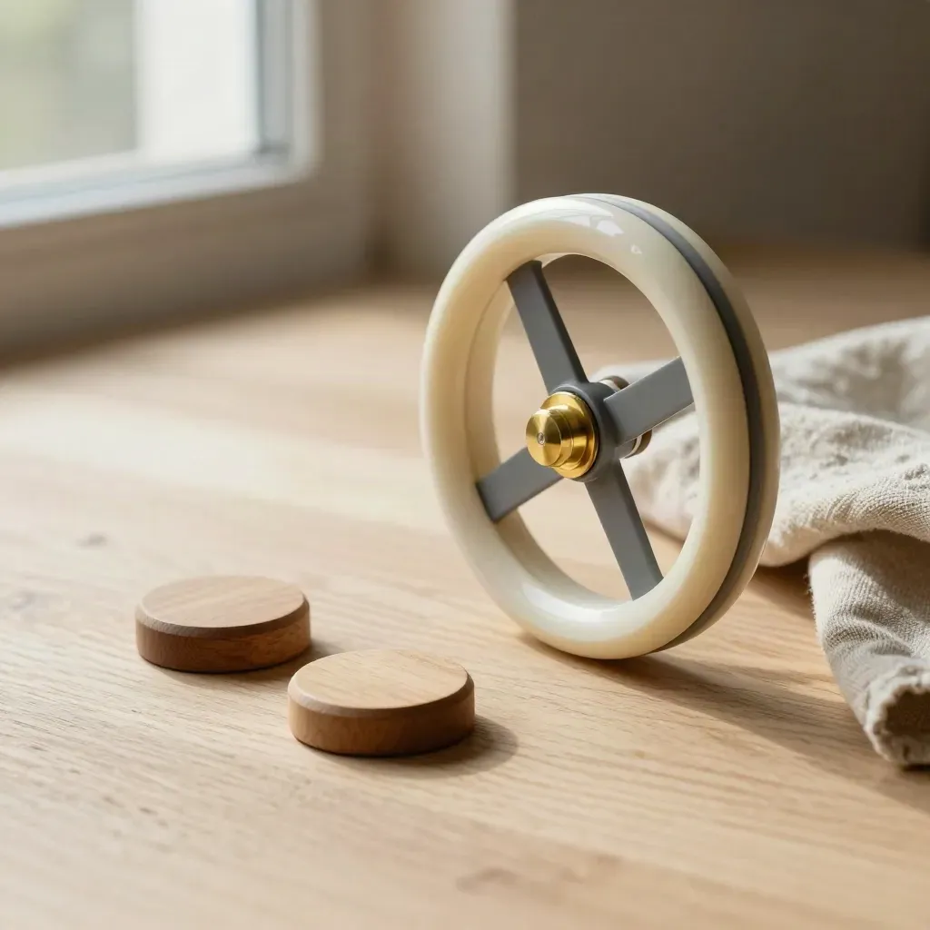 Circular chord wheel with wooden tokens and folded linen on pale oak, top-down.
