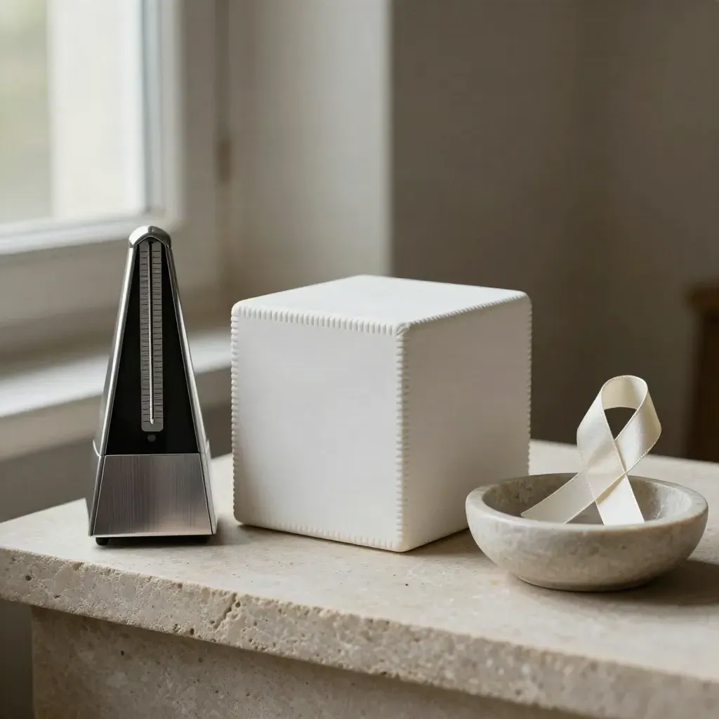 Bar-count cube beside a slim metronome and stone bowl on a limestone plinth.