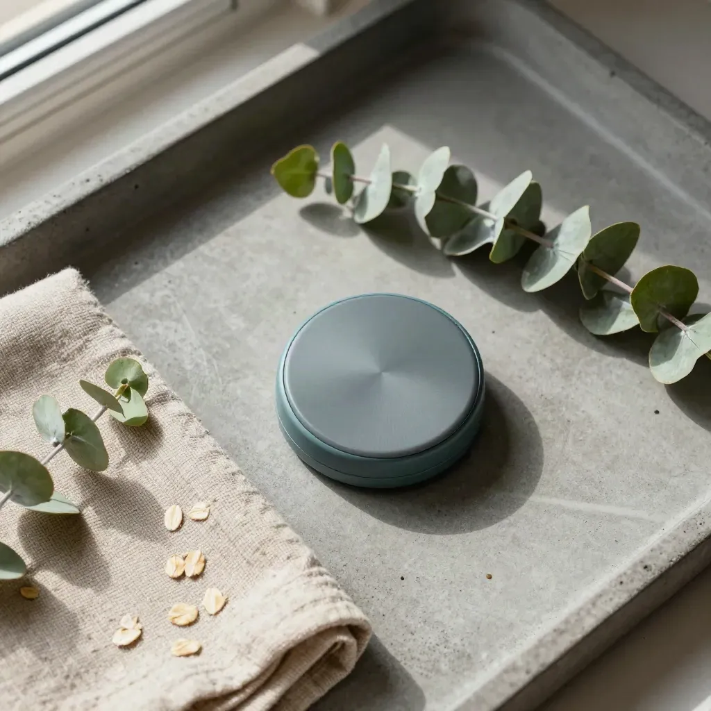Small practice timer, tea towel, and eucalyptus on a stone tray in soft window light.