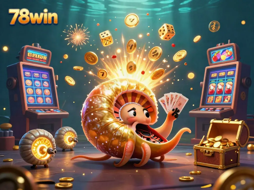 Experience excitement at 78win with a vibrant 3D illustration of a giant nautilus roulette amidst casino games.