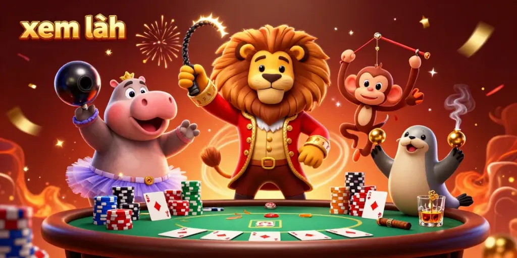 Experience the excitement of gaming with 'xem thêm' at the center, featuring an interactive casino scene with lively characters.