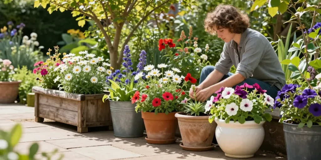 Colorful assortment of UK garden planters in a blooming garden with vibrant flowers.