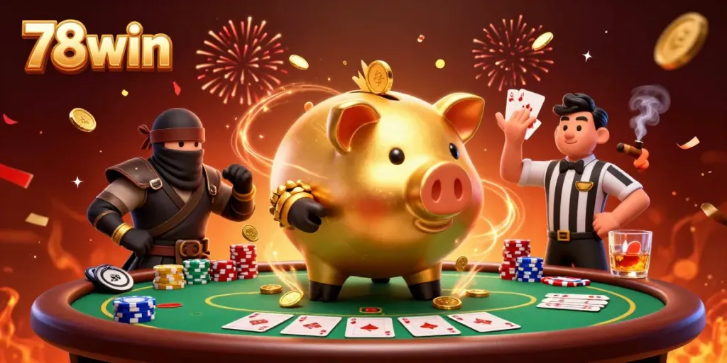 Engage in dynamic gaming action at 78win with an epic showdown between a piggy bank sumo wrestler and a wallet ninja at the poker table.
