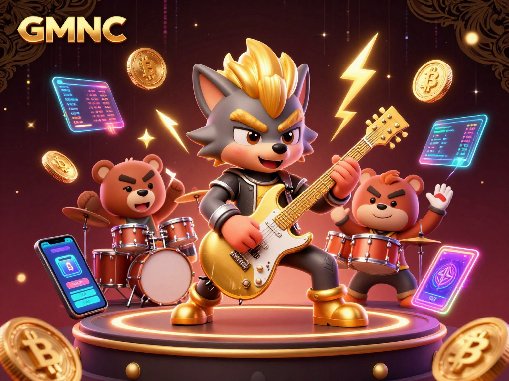 Captivating GMNC illustration featuring a rock star wolf and drummer bear playing against a vibrant casino backdrop.