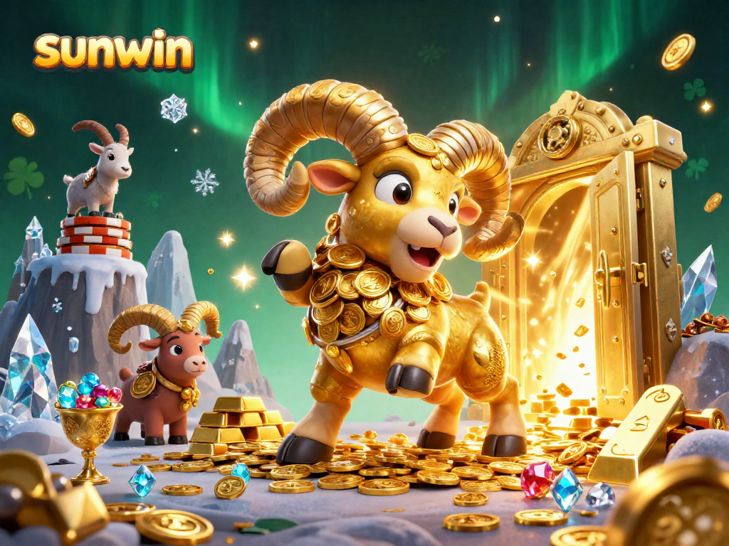 Experience the thrill of sunwin with a charging golden ram and treasures in a vibrant casino scene.