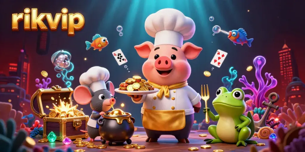 Experience thrilling wins with rikvip as the chef pig serves gold coins in a vibrant casino world.