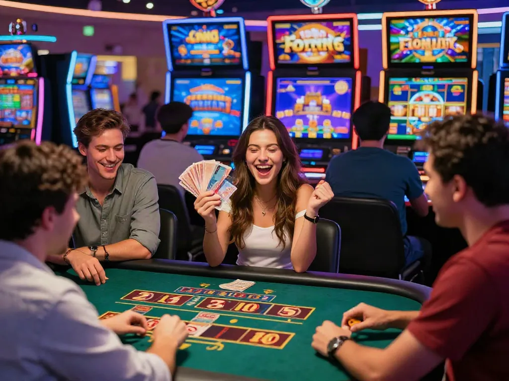 Excited players celebrating wins at credit card casinos, vibrant gaming atmosphere.
