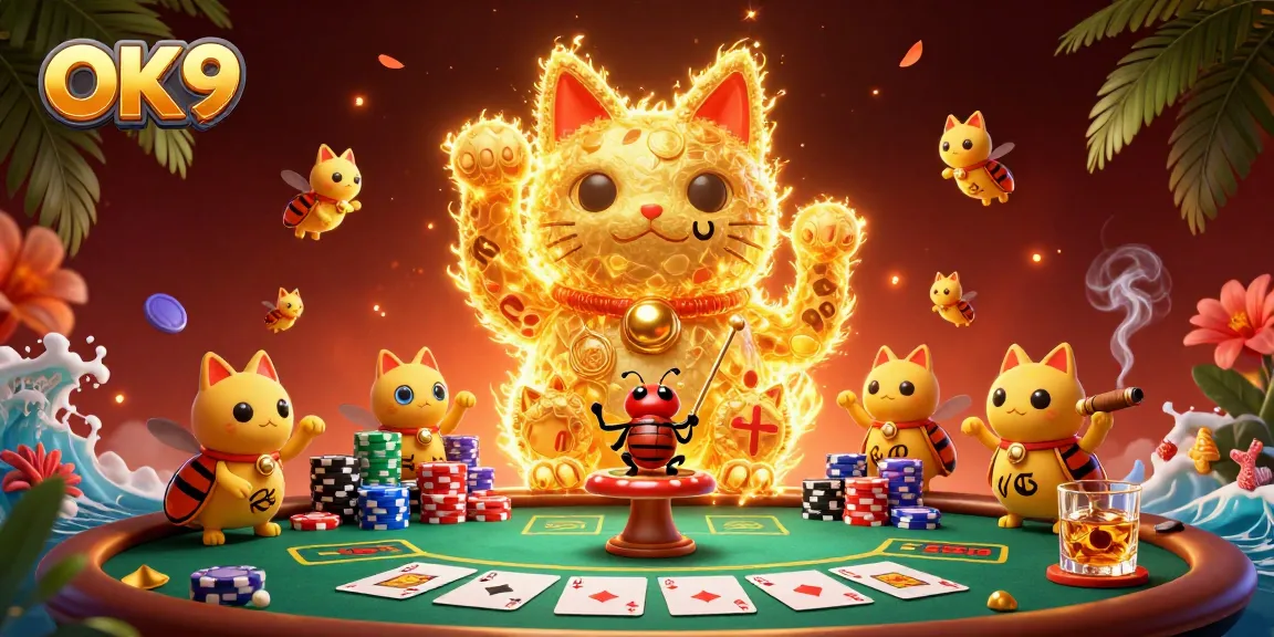 Engage in exciting gaming with OK 9, featuring vivid golden fireflies in a dynamic casino scene.