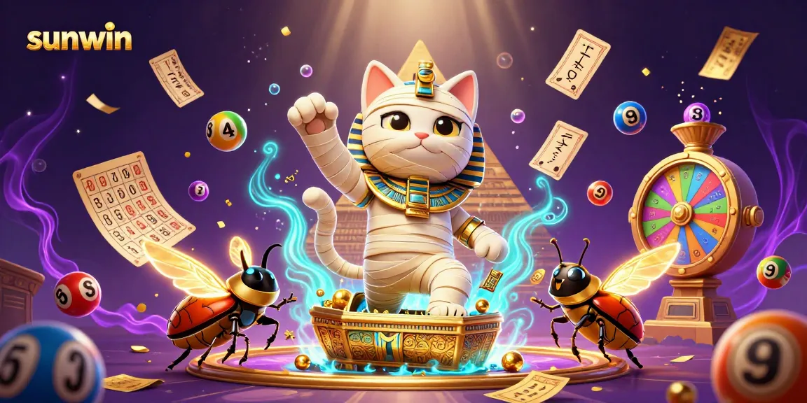 Experience the excitement of sunwin as the mummy cat bursts from the sarcophagus amidst lively casino elements.