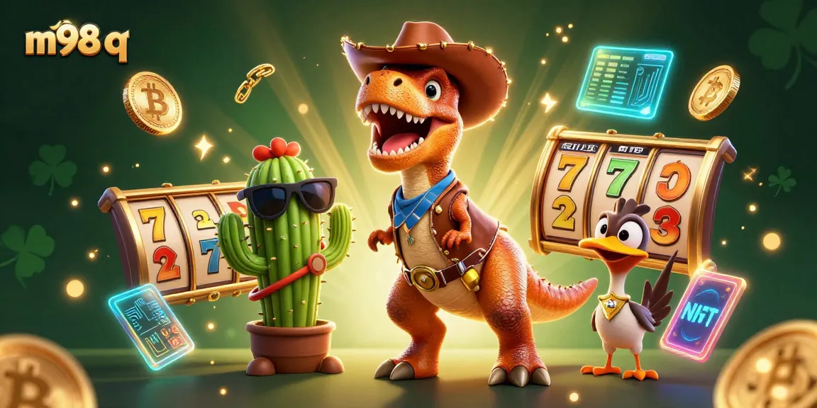 Experience big wins with m98 q in an engaging casino scene featuring cartoon characters and virtual gambling elements.