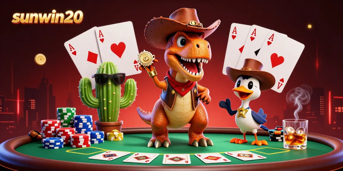 Experience thrilling poker action with sunwin20 featuring a cowboy dinosaur at a dynamic casino scene.
