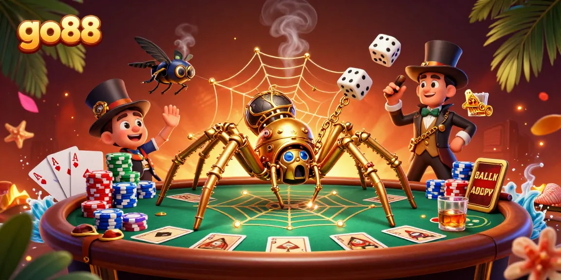 Join the action at go88 with a steampunk spider and poker elements in a dynamic casino scene.