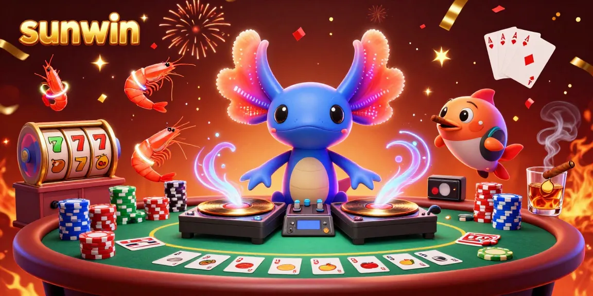 Experience thrilling moments at sunwin with a vibrant 3D casino scene featuring an axolotl DJ and interactive game elements.