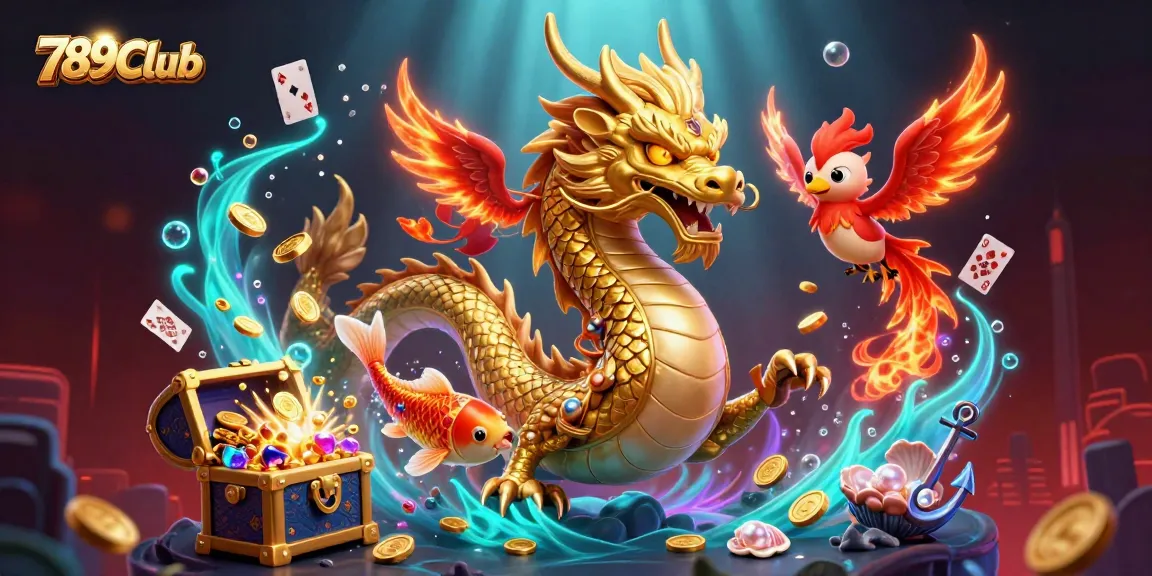 Experience exciting gaming action at 789Club with vibrant characters, coins, and casino elements!