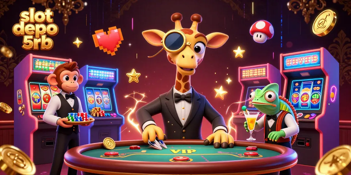 Experience the excitement of slot depo 5rb with a high-roller giraffe and casino characters in a vibrant scene.
